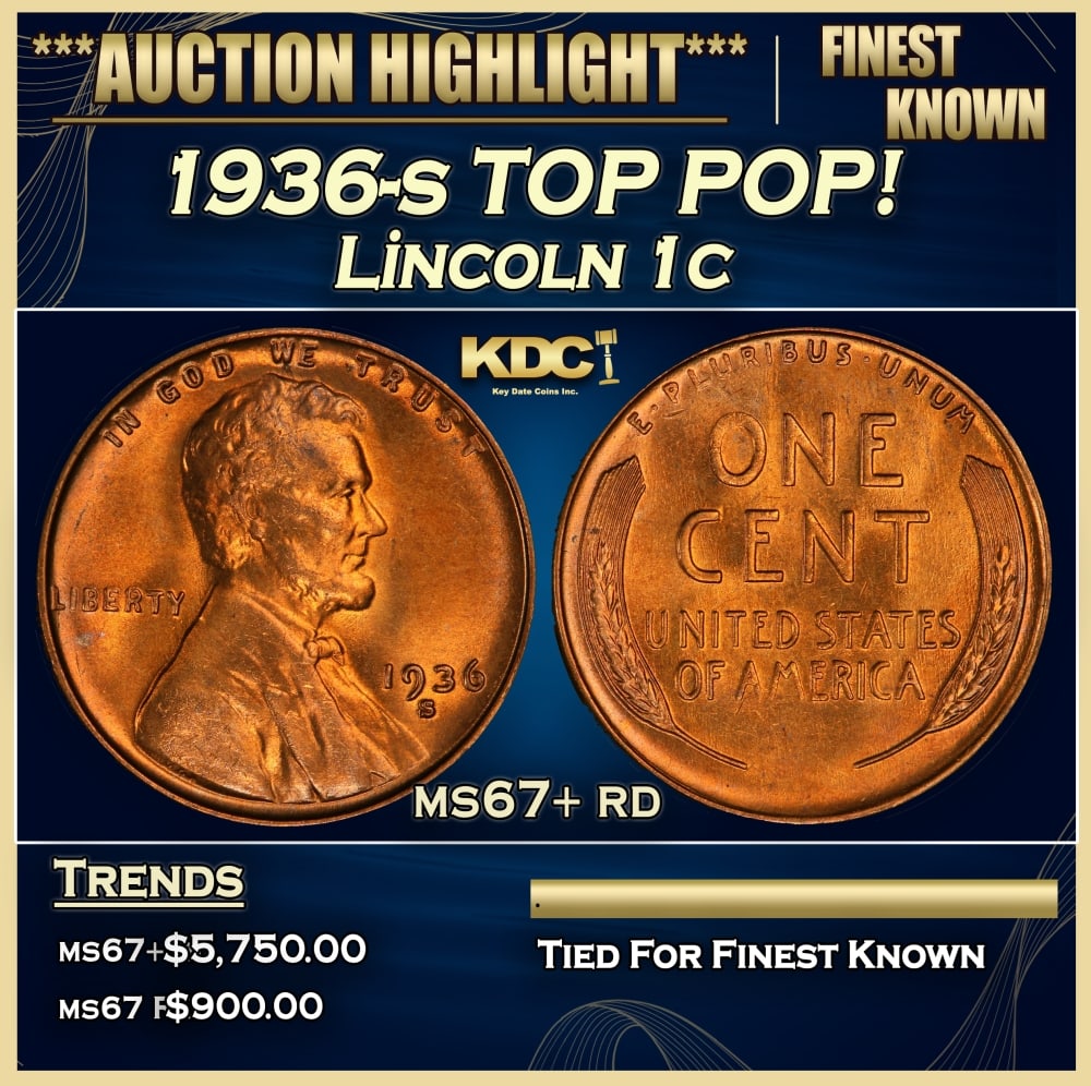 1936-s Lincoln Cent TOP POP! 1c ms67+ rd SEGS: 1936-s TOP POP! Lincoln Cent 1c ms67+ rd SEGS. 0
