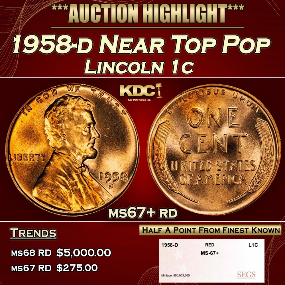 1958-d Lincoln Cent Near Top Pop 1c ms67+ rd SEGS: 1958-d Near Top Pop Lincoln Cent 1c ms67+ rd SEGS. 0