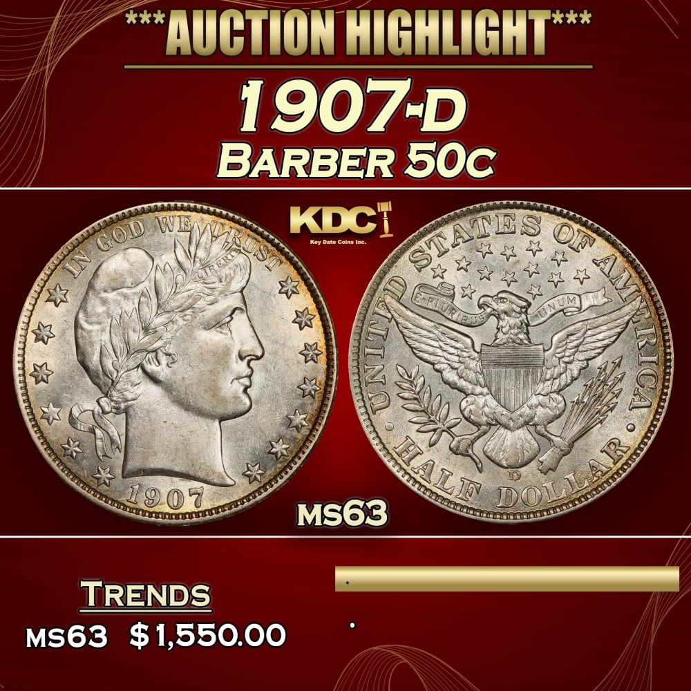 1907-d Barber Half Dollars 50c ms63 USCG (1 of 3)