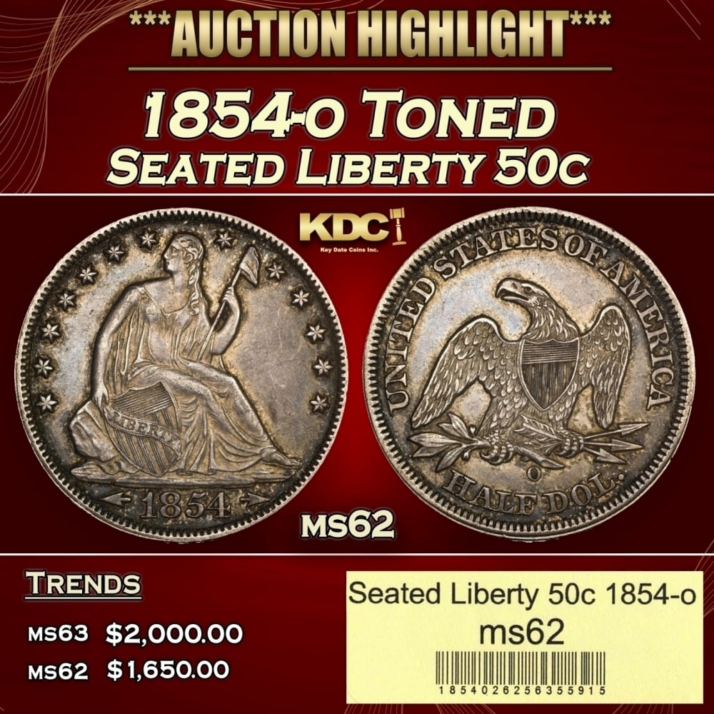 1854-o Seated Half Dollar Toned 50c ms62 USCG: 1854-o Toned Seated Half Dollar 50c ms62 USCG. 0