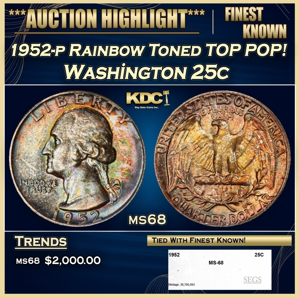 1952-p Washington Quarter Rainbow Toned TOP POP! 25c ms68 SEGS: 1952-p Rainbow Toned TOP POP! Washington Quarter 25c ms68 SEGS. 0
