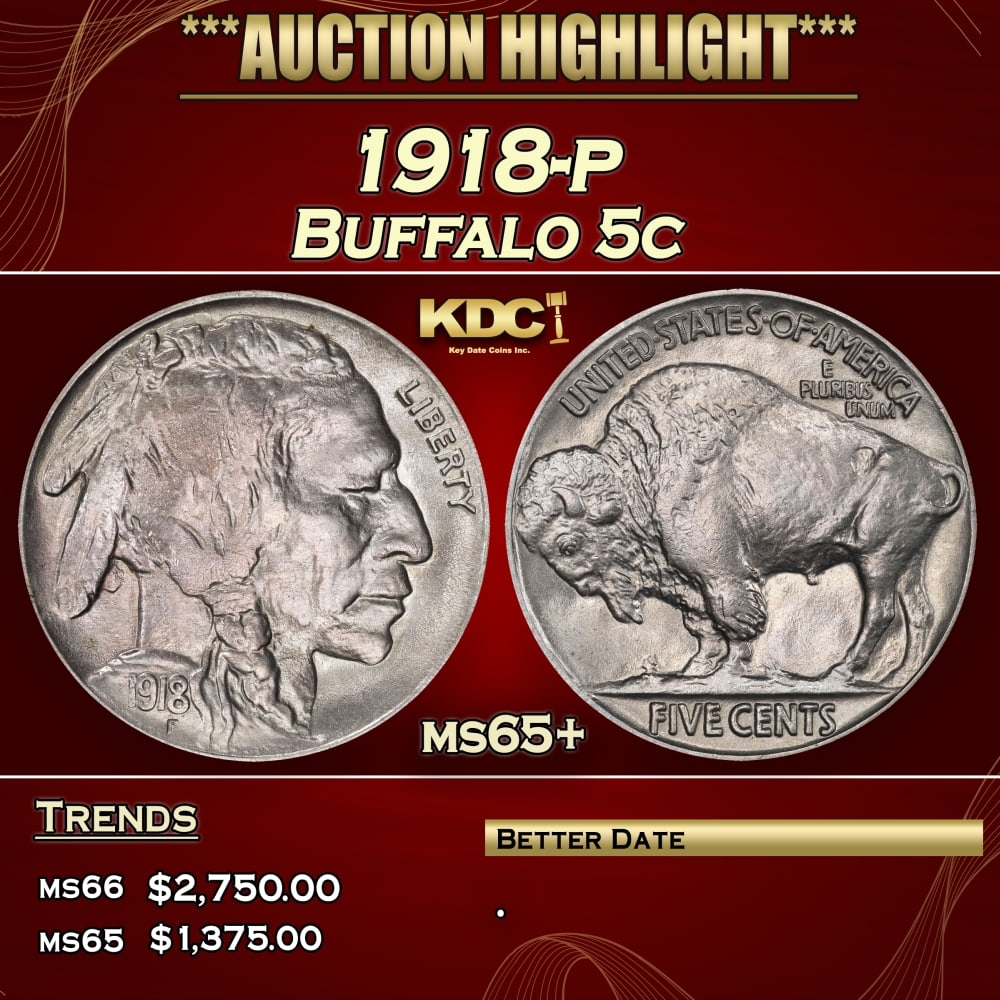 1918-p Buffalo Nickel 5c ms65+ SEGS (1 of 4)
