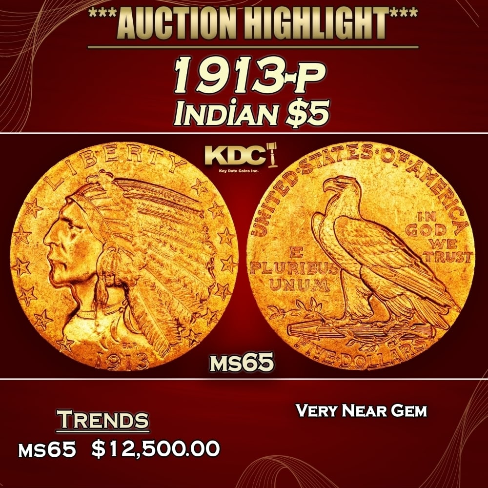1913-p Gold Indian Half Eagle $5 ms65 USCG: 1913-p Gold Indian Half Eagle $5 ms65 USCG. 0