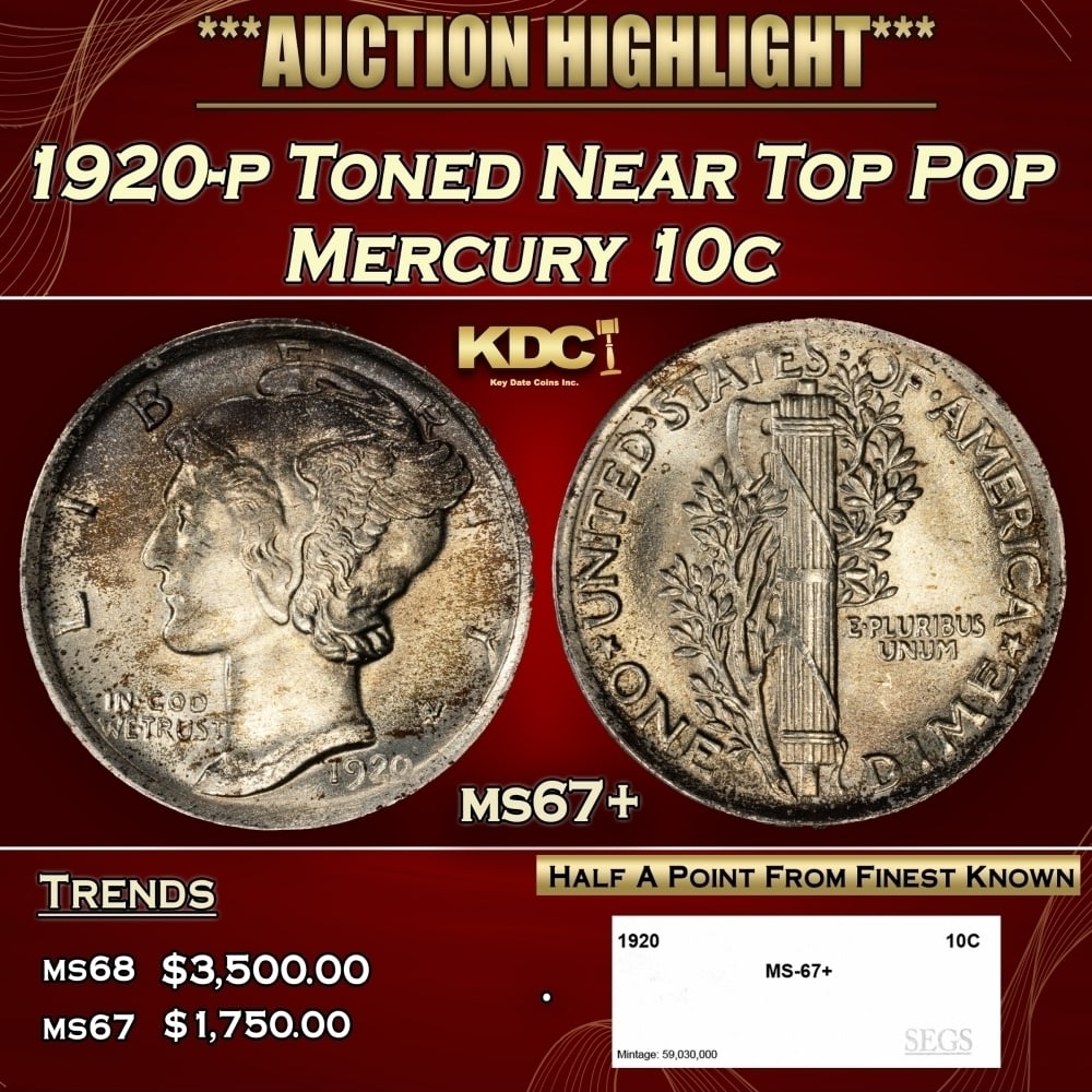1920-p Mercury Dime Toned Near Top Pop 10c ms67+ SEGS: 1920-p Toned Near Top Pop Mercury Dime 10c ms67+ SEGS. 0
