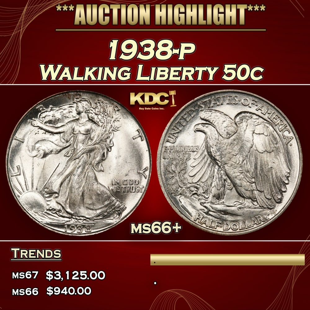 1938-p Walking Liberty Half Dollar 50c ms66+ SEGS: 1938-p Walking Liberty Half Dollar 50c ms66+ SEGS.