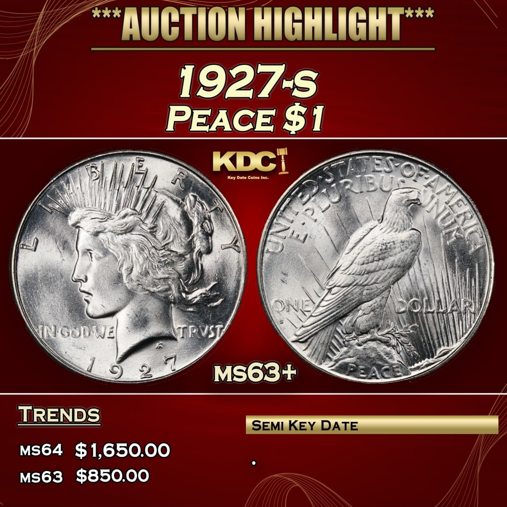 1927-s Peace Dollar $1 ms63+ USCG: 1927-s Peace Dollar $1 ms63+ USCG. 0