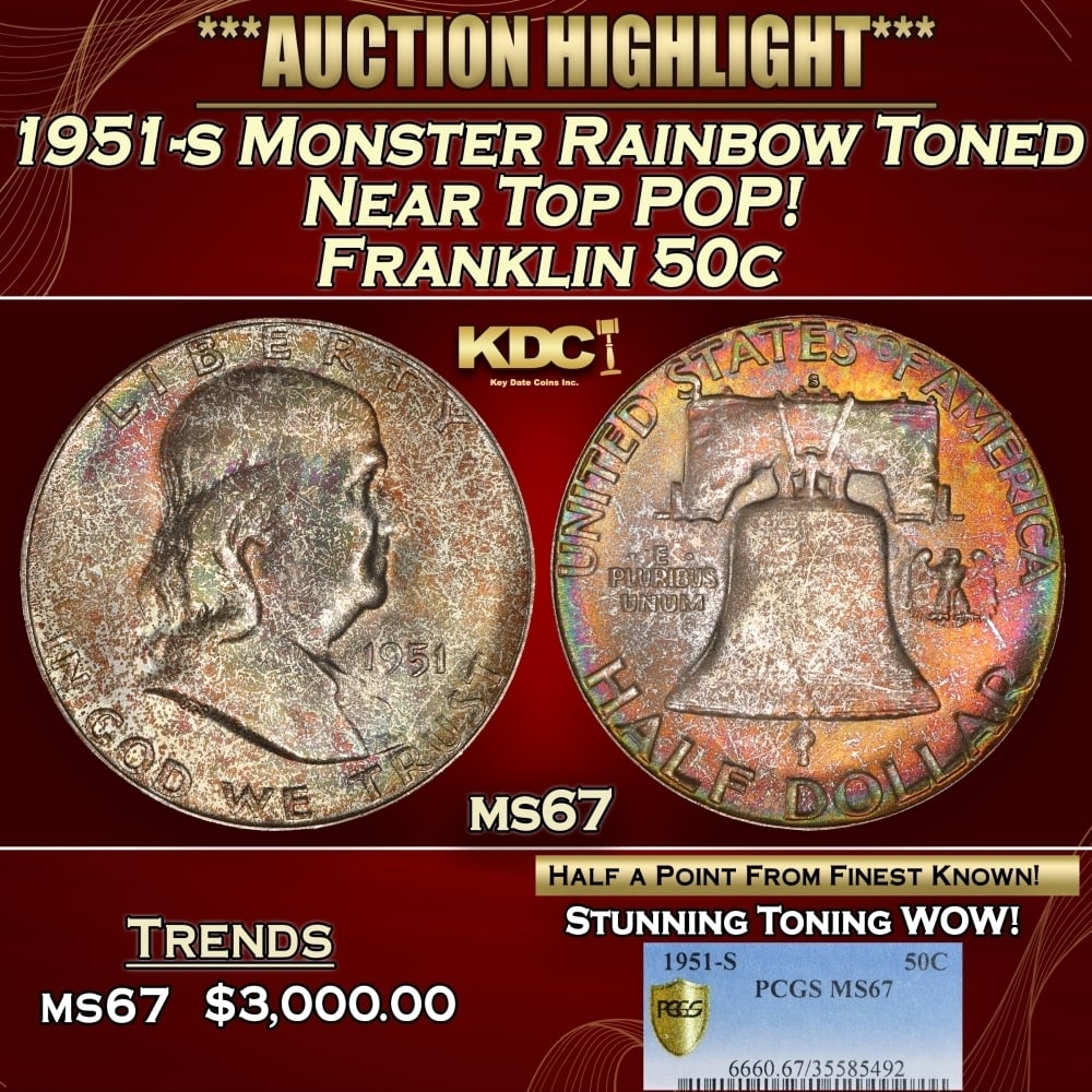 PCGS 1951-s Franklin Half Dollar Monster Rainbow Toned Near Top POP! 50c ms67 PCGS: PCGS 1951-s Monster Rainbow Toned Near Top POP! Franklin Half Dollar 50c ms67 PCGS. 0