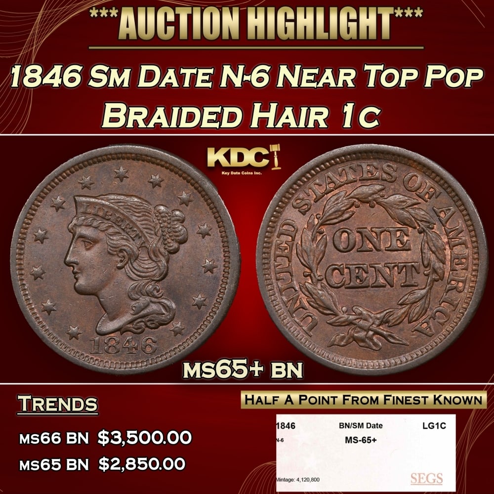 1846 Sm Date N-6 Braided Hair Large Cent Near Top Pop 1c ms65+ bn SEGS: 1846 Sm Date N-6 Near Top Pop Braided Hair Large Cent 1c ms65+ bn SEGS. 0