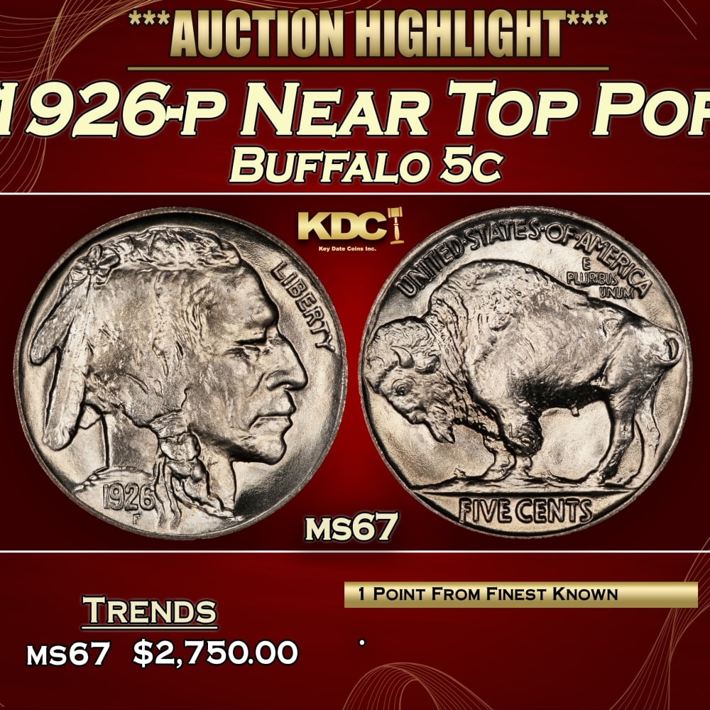 1926-p Buffalo Nickel Near Top Pop 5c ms67 SEGS: 1926-p Near Top Pop Buffalo Nickel 5c ms67 SEGS.