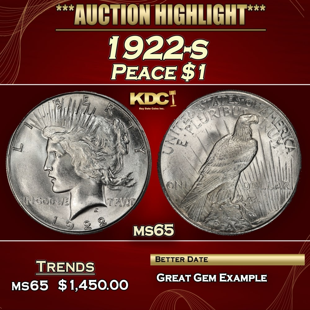 1922-s Peace Dollar $1 ms65 SEGS: 1922-s Peace Dollar $1 ms65 SEGS. 0