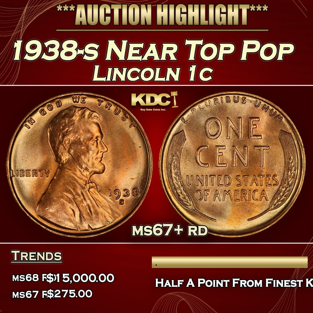 1938-s Lincoln Cent Near Top Pop 1c ms67+ rd SEGS: 1938-s Near Top Pop Lincoln Cent 1c ms67+ rd SEGS. 0