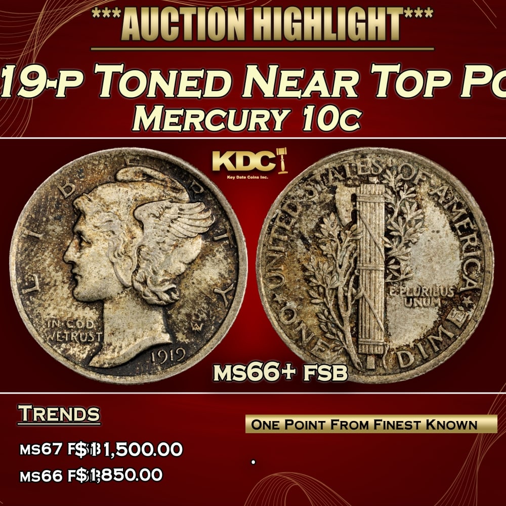 1919-p Mercury Dime Toned Near Top Pop 10c ms66+ fsb SEGS (1 of 3)