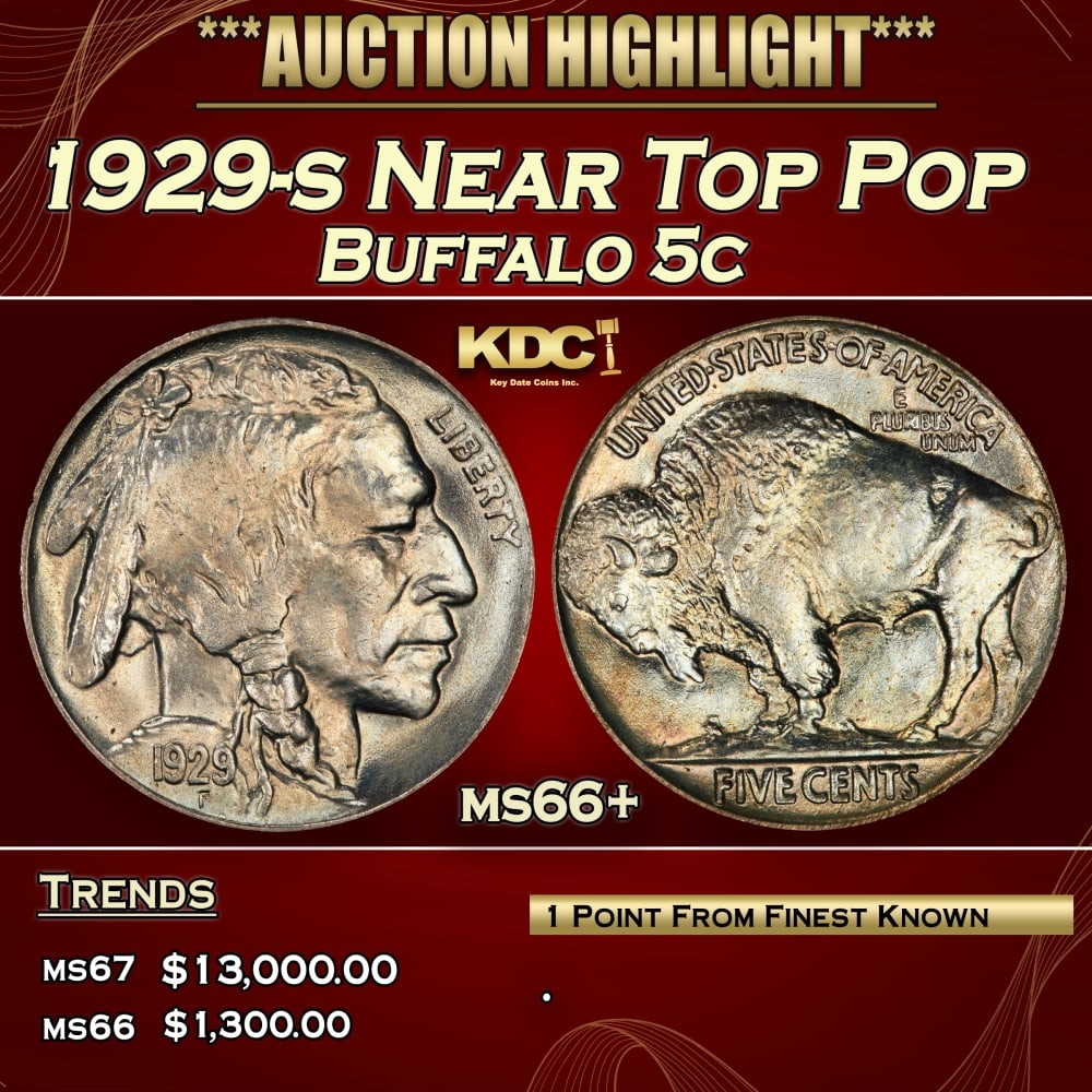 1929-s Buffalo Nickel Near Top Pop 5c ms66+ SEGS: 1929-s Near Top Pop Buffalo Nickel 5c ms66+ SEGS.