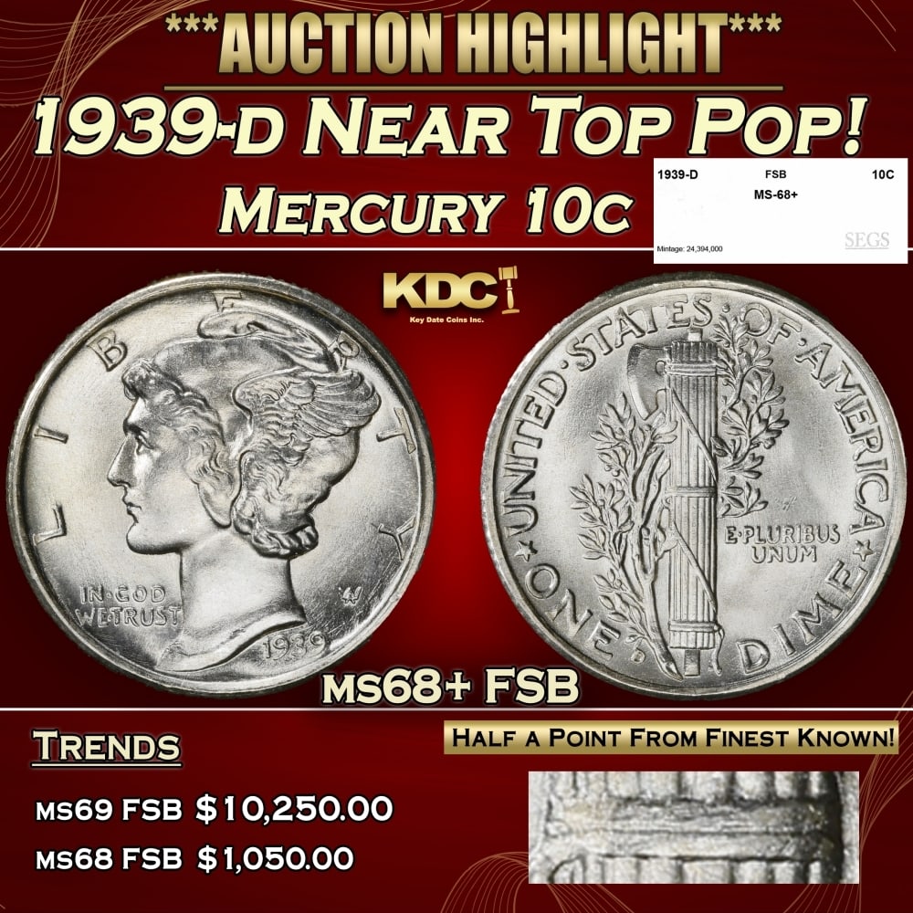 1939-d Mercury Dime Near Top Pop! 10c ms68+ FSB SEGS: 1939-d Near Top Pop! Mercury Dime 10c ms68+ FSB SEGS. 0