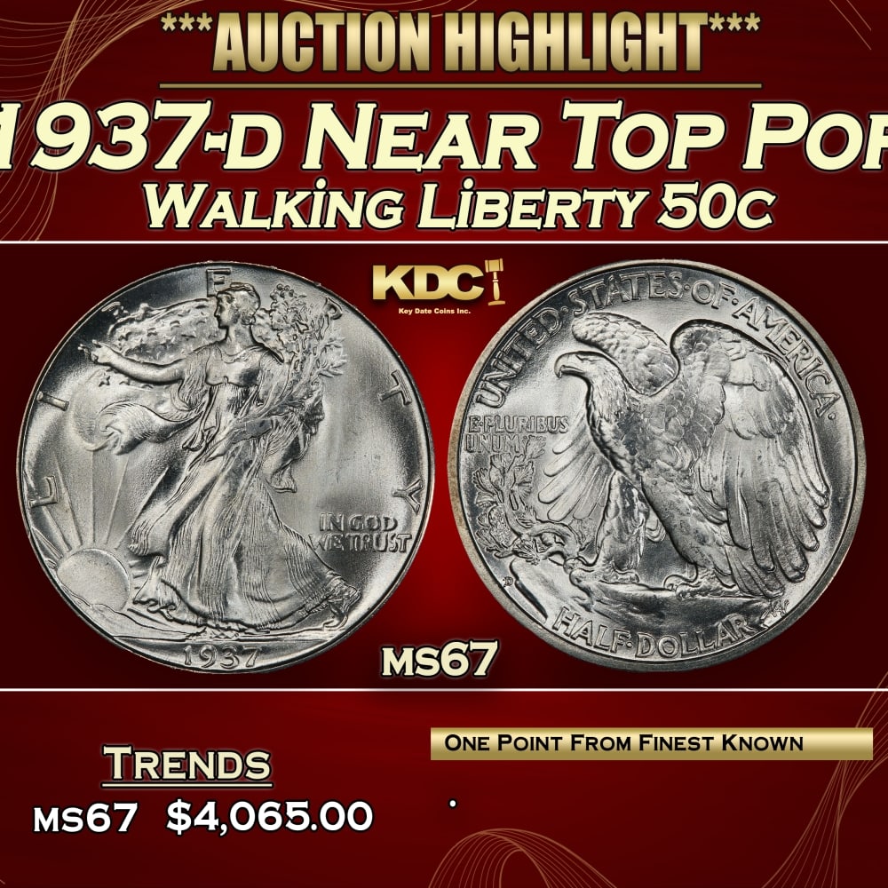 1937-d Walking Liberty Half Dollar Near Top Pop 50c ms67 SEGS: 1937-d Near Top Pop Walking Liberty Half Dollar 50c ms67 SEGS. 0