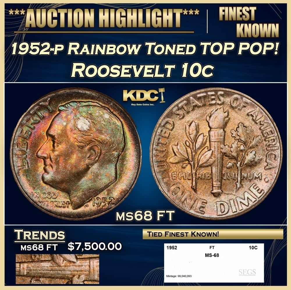 1952-p Roosevelt Dime Rainbow Toned TOP POP! 10c ms68 FT SEGS: 1952-p Rainbow Toned TOP POP! Roosevelt Dime 10c ms68 FT SEGS. 0