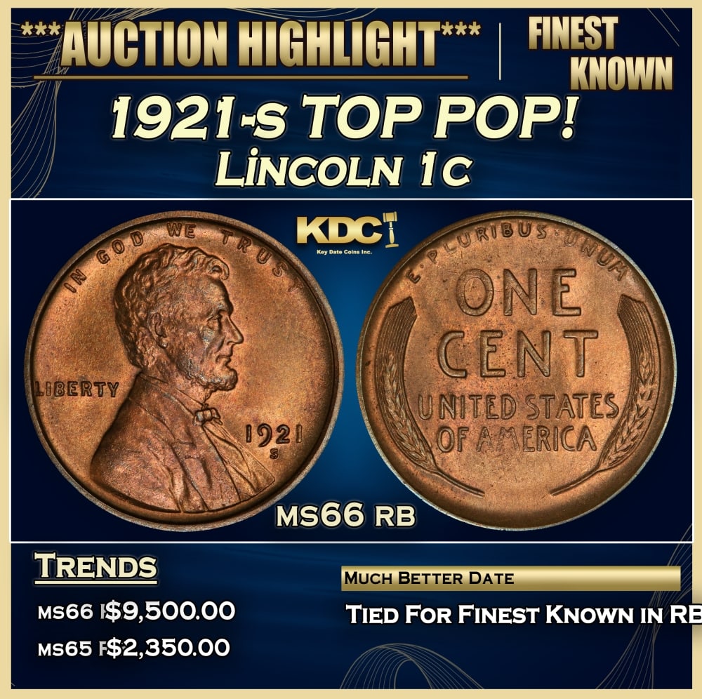 1921-s Lincoln Cent TOP POP! 1c ms66 rb SEGS: 1921-s TOP POP! Lincoln Cent 1c ms66 rb SEGS. 0
