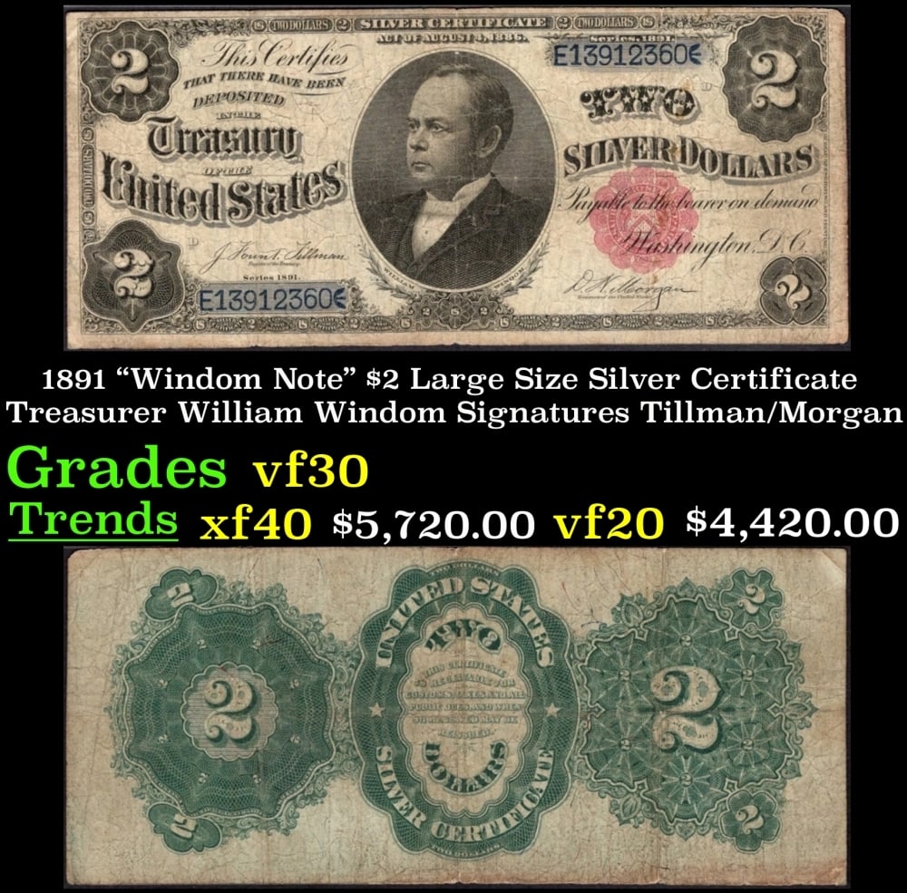 1891 Tillman/Morgan $2 Large Size Silver Certificate Grades vf++: 1891 Tillman/Morgan $2 Large Size Silver Certificate Grades vf++.