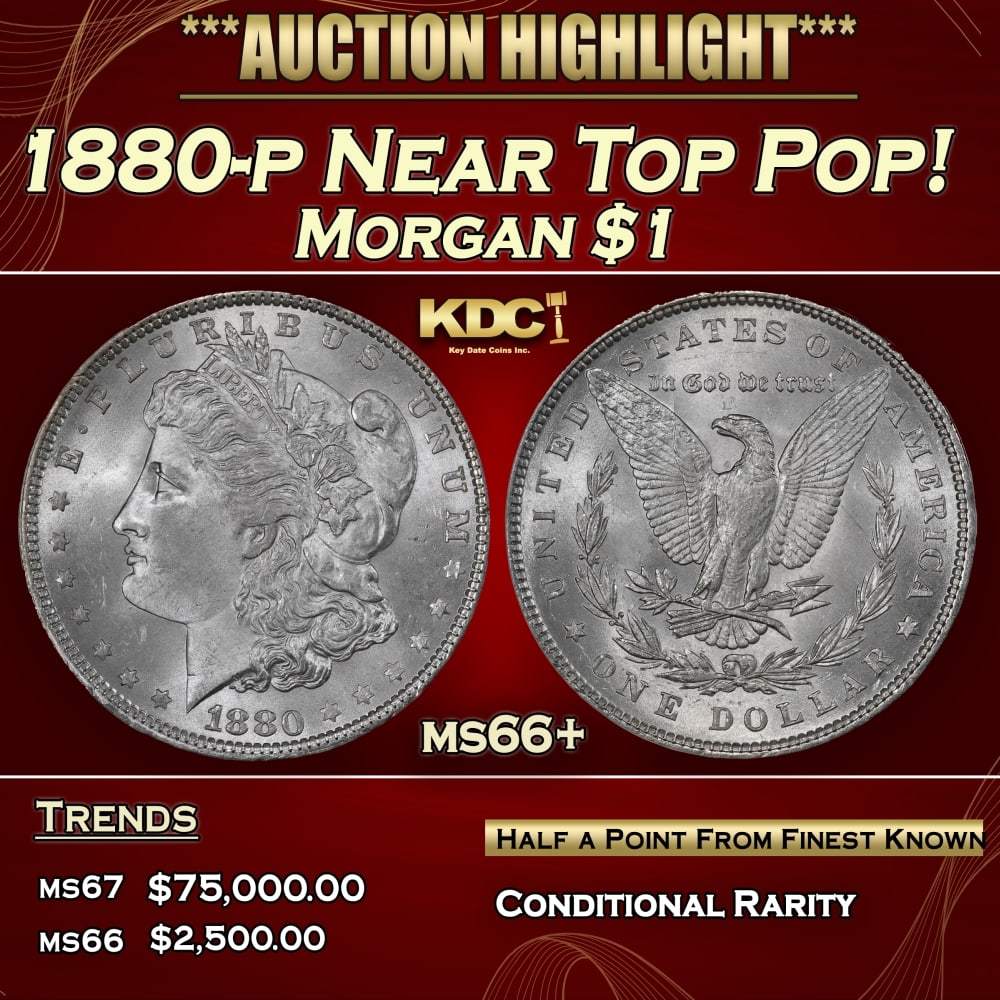 1880-p Morgan Dollar Near Top Pop! $1 ms66+ SEGS: 1880-p Near Top Pop! Morgan Dollar $1 ms66+ SEGS. 0 Each side of this top-certified Registry coin remains wholly brilliant with vibrant cartwheel luster. The fields and cheek are clean.