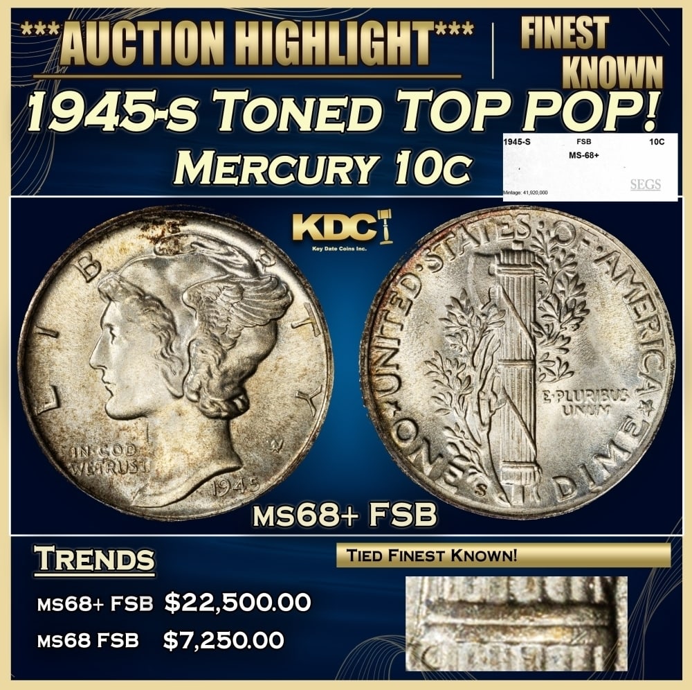 1945-s Mercury Dime Toned TOP POP! 10c ms68+ FSB SEGS: 1945-s Toned TOP POP! Mercury Dime 10c ms68+ FSB SEGS. 0
