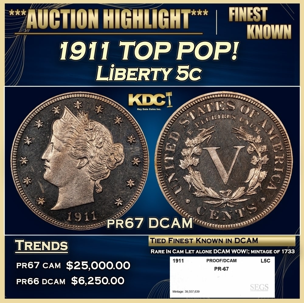1911 Proof Liberty Nickel TOP POP! 5c pr67 DCAM SEGS: 1911 TOP POP! Liberty Nickel 5c pr67 DCAM SEGS. 0