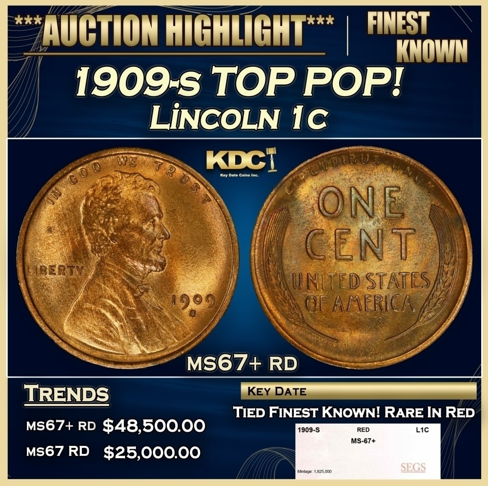 1909-s Lincoln Cent TOP POP! 1c ms67+ rd SEGS: 1909-s TOP POP! Lincoln Cent 1c ms67+ rd SEGS. 0
