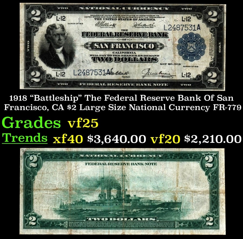 1918 FR-779 $2 Large Size National Currency Grades vf+: 1918 FR-779 $2 Large Size National Currency Grades vf+.