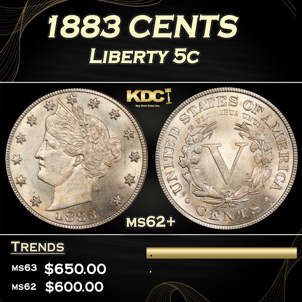 1883 CENTS Liberty Nickel 5c Grades ms62+ (1 of 3)