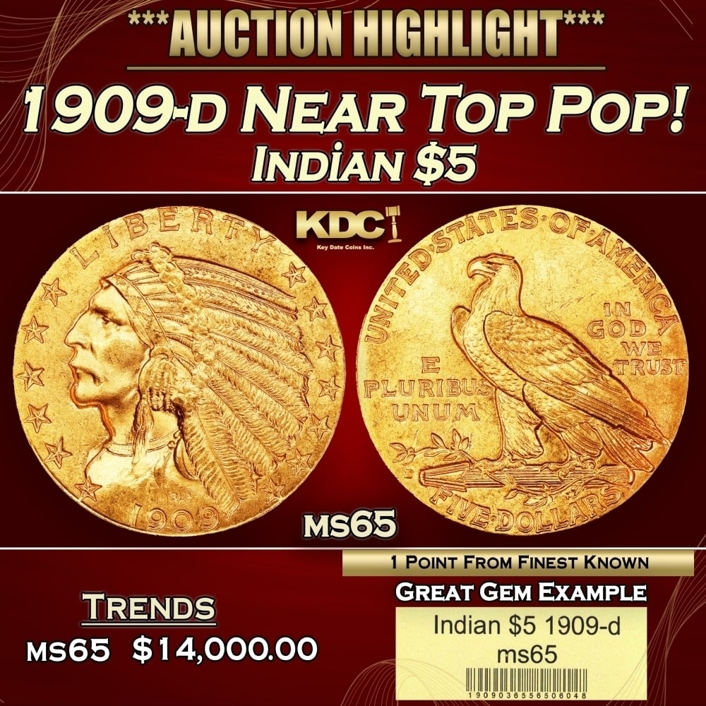 1909-d Gold Indian Half Eagle Near Top Pop! $5 ms65 USCG: 1909-d Near Top Pop! Gold Indian Half Eagle $5 ms65 USCG. Offered is an extraordinary example of this otherwise readily obtainable Indian half eagle issue. Intensely lustrous and satiny, the surfaces 