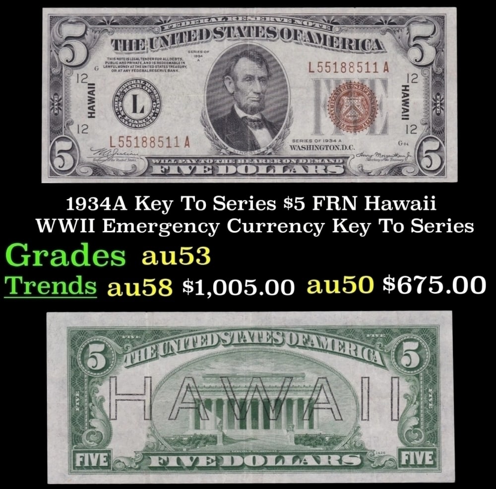 1934A $5 FRN Hawaii WWII Emergency Currency Grades Select AU: 1934A $5 FRN Hawaii WWII Emergency Currency Grades Select AU.