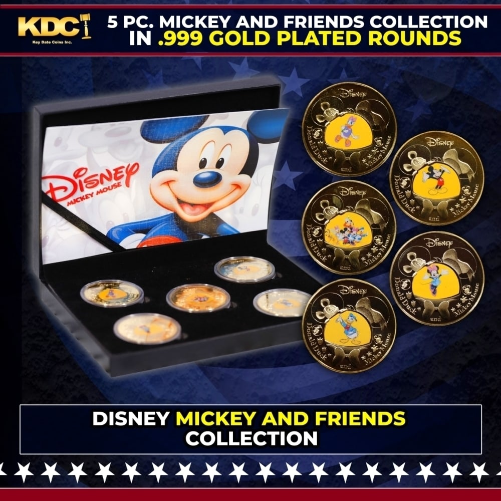 5 Coin Disney Mickey and Friends Gold Plated Round Collection A: 5 Coin Disney Mickey and Friends Gold Plated Round Collection A. Please Note All Backer Cards may have slight differences but will be very similar if not identical to the one in the photo