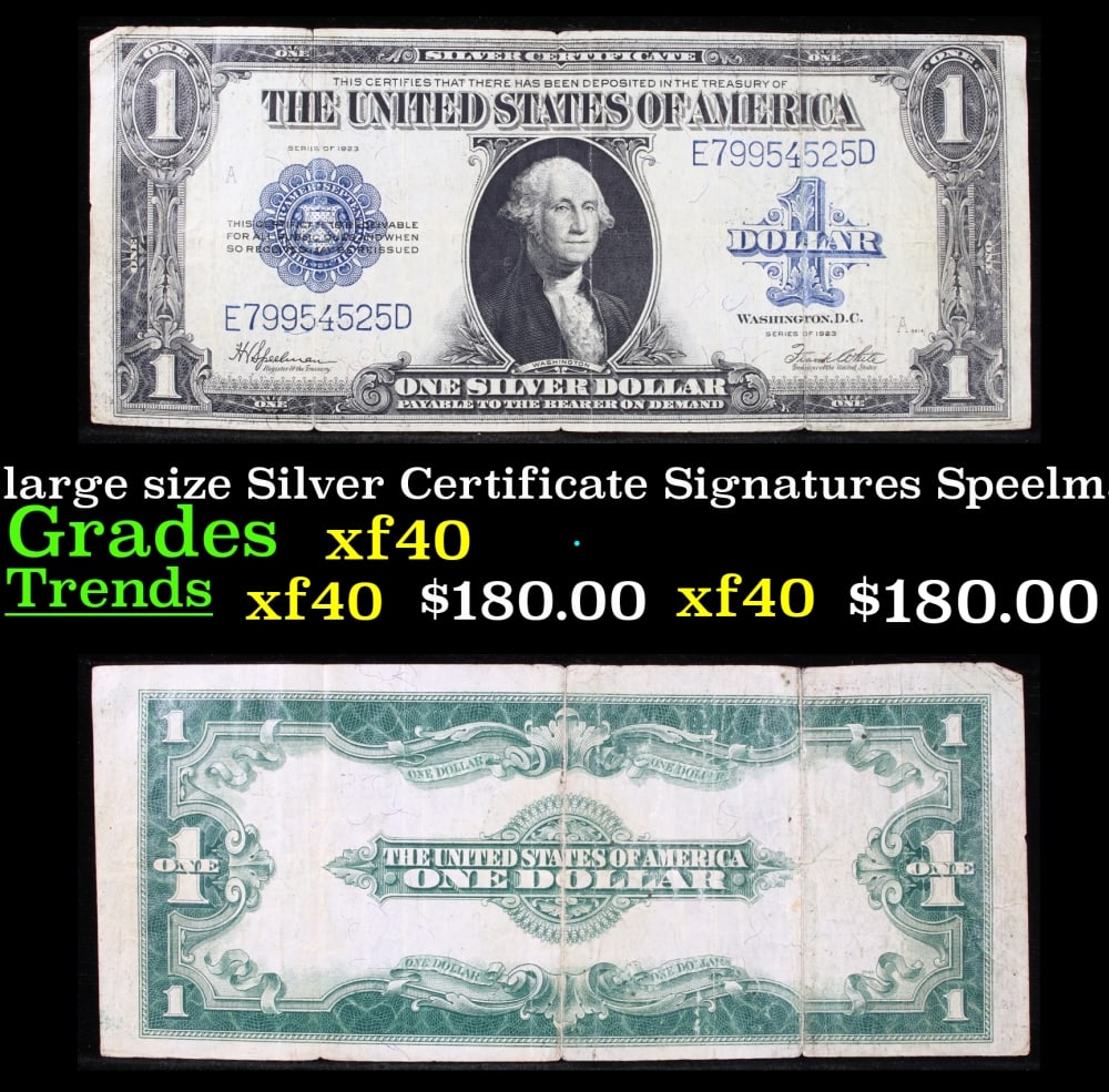 1923 $1 large size Silver Certificate Grades xf Signatures Speelman/White: 1923 $1 large size Silver Certificate Grades xf Signatures Speelman/White. Fr-237 The term “horse blanket” gets used a lot when talking about large size currency. It is most frequently used to