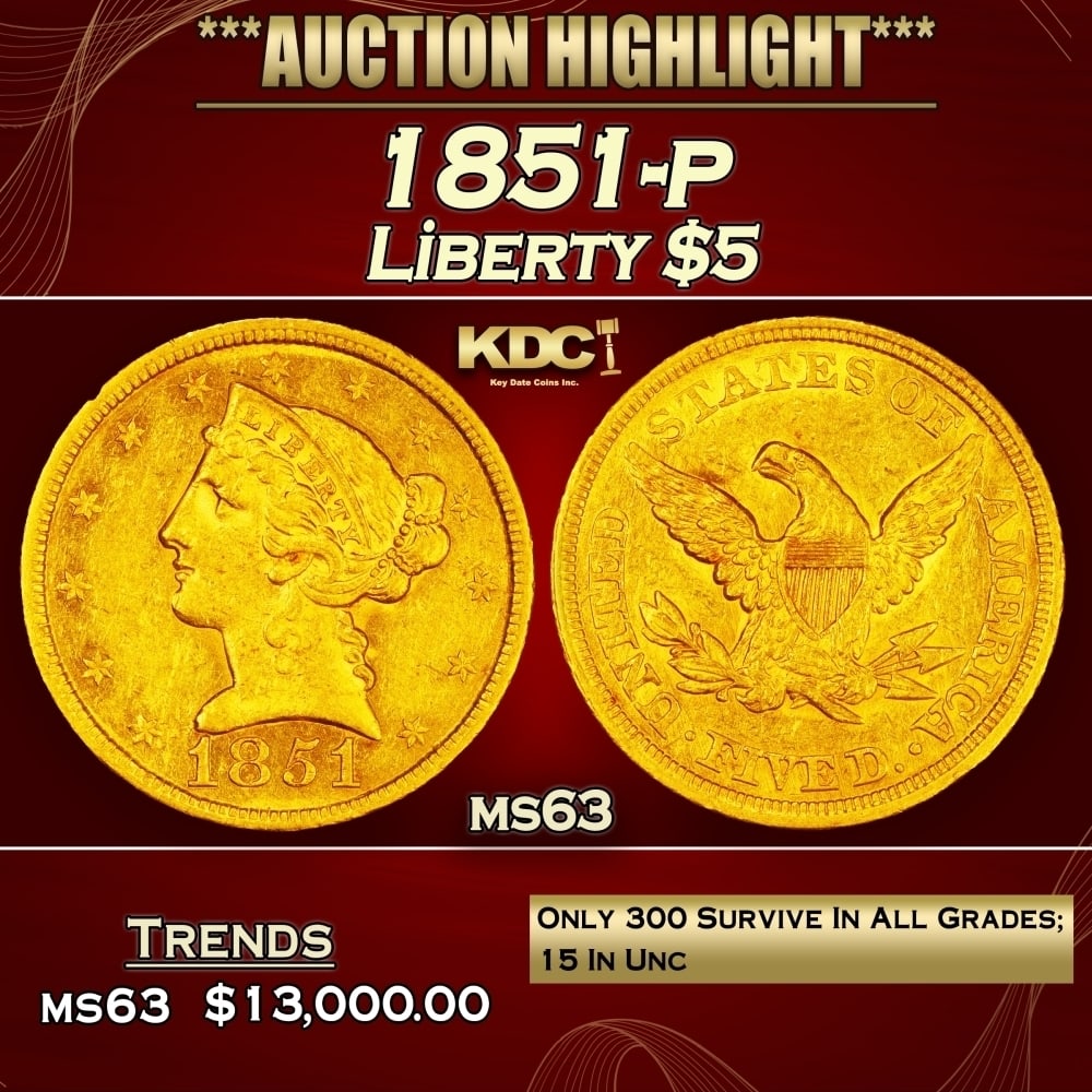 1851-p Gold Liberty Half Eagle $5 ms63 USCG (1 of 3)