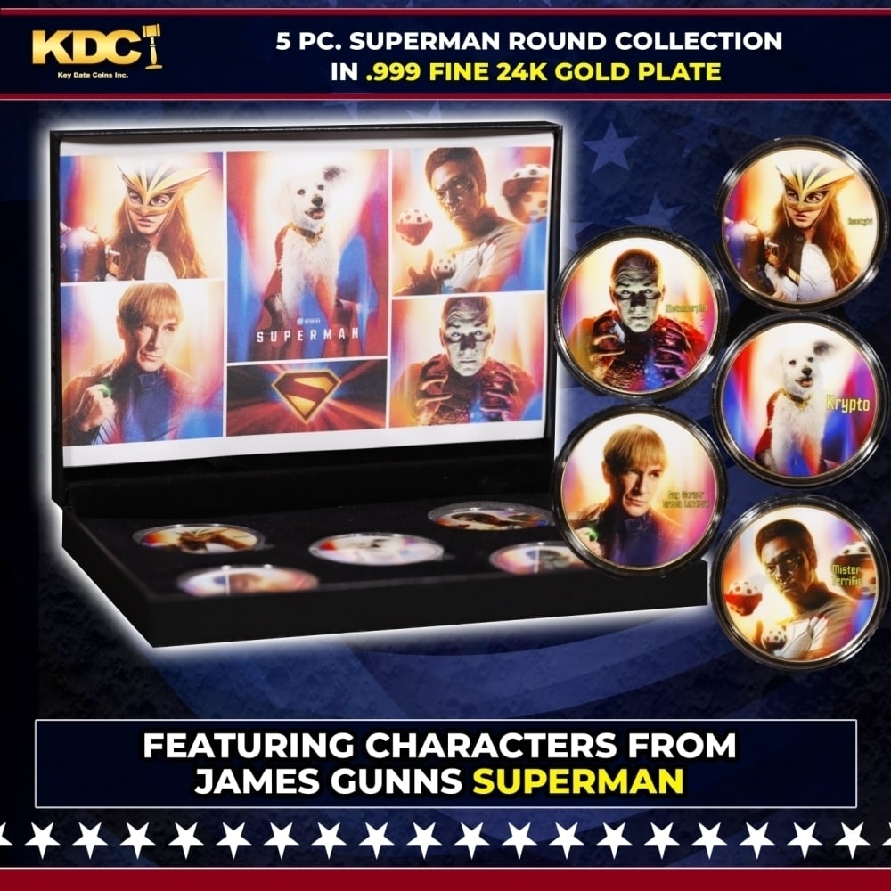 6 Coin James Gunn Superman Gold Plated Round Collection In Custom Box W/ Special Backer card: 6 Coin James Gunn Superman Gold Plated Round Collection In Custom Box W/ Special Backer card. Please Note All Backer Cards may have slight differences but will be very similar if not identical to the 
