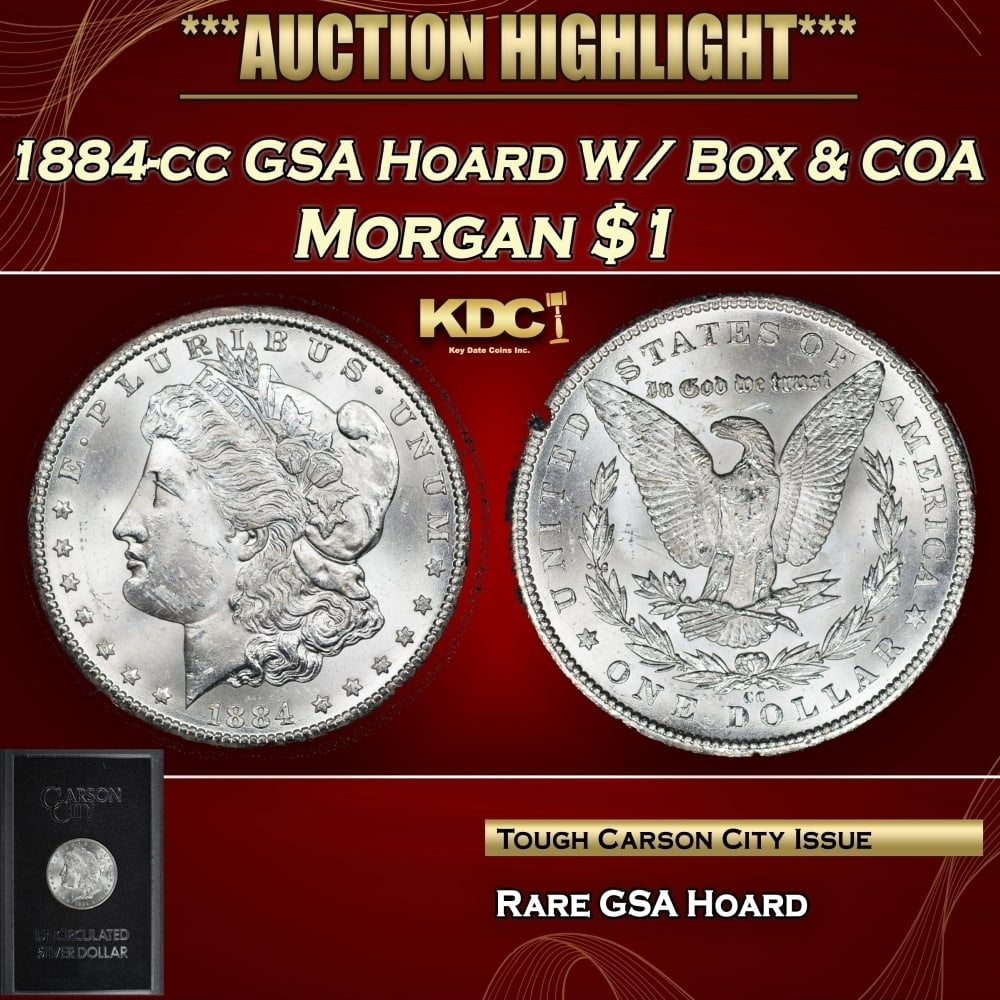1884-cc Morgan Dollar GSA Hoard W/ Box & COA $1 Grades n/a: 1884-cc GSA Hoard W/ Box & COA Morgan Dollar $1 Grades n/a. 0 DISCOVERY OF THE GSA HOARDUntil 1964, people in the U.S could redeem silver certificate paper money for silver dollars.In 1963, the House 