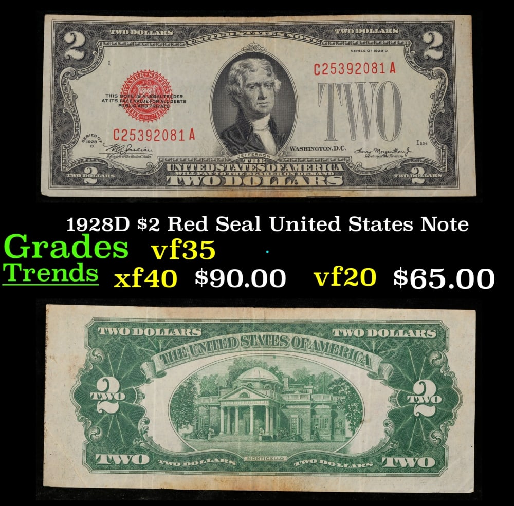 1928D $2 Red Seal United States Note Grades vf++: 1928D $2 Red Seal United States Note Grades vf++. FR-1505 Two dollar bills from the series of 1928 are called 1928 $2 legal tenders. All legal tenders have a red seal. 1928 was also the first year tha