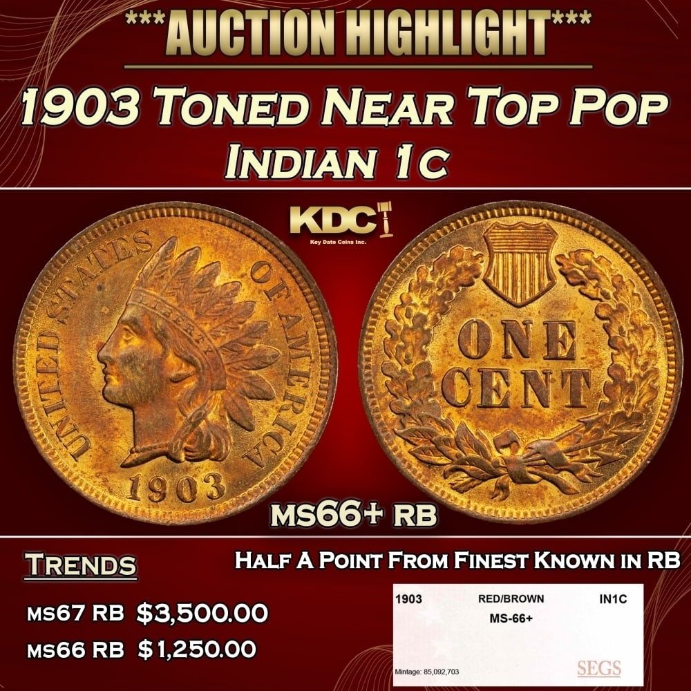 1903 Indian Cent Toned Near Top Pop 1c ms66+ rb SEGS: 1903 Toned Near Top Pop Indian Cent 1c ms66+ rb SEGS. 0