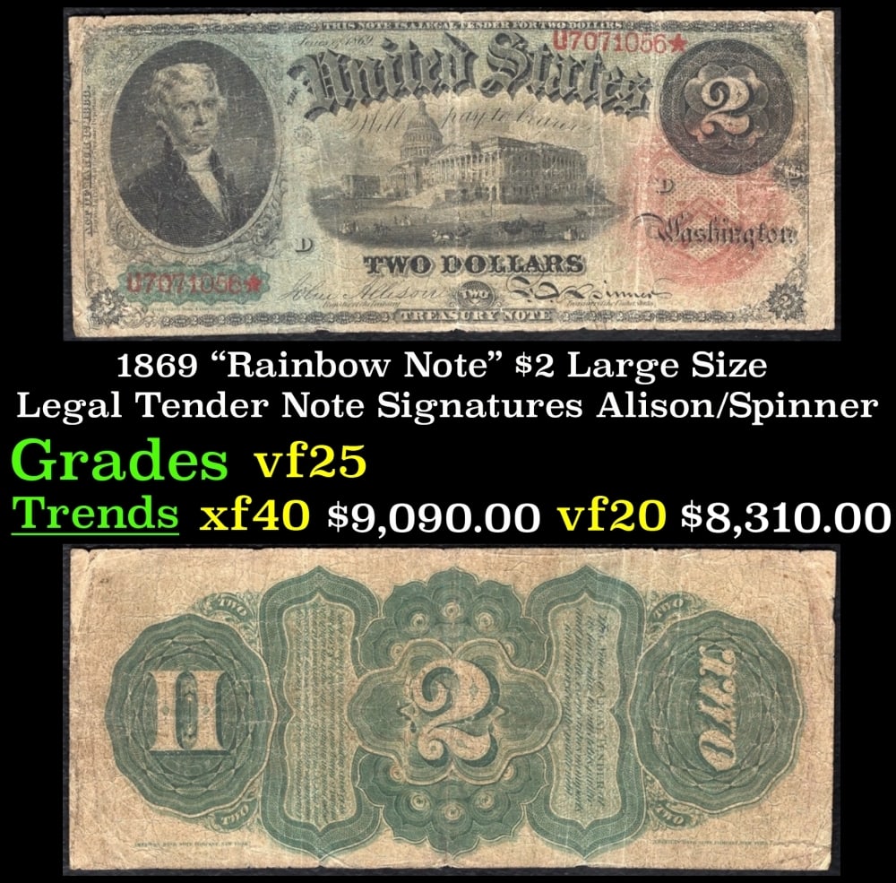 1869 Alison/Spinner $2 Large Size Legal Tender Note Grades vf+ (1 of 3)