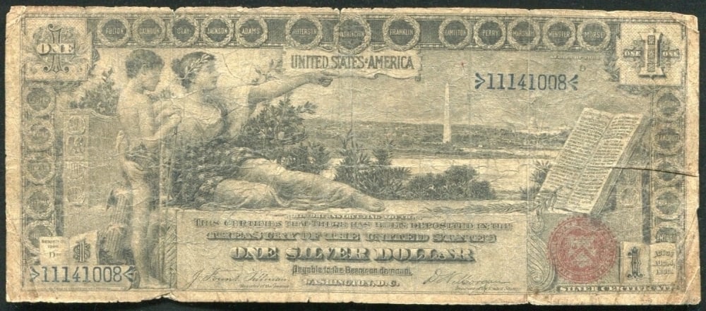 1896 Tillman/Morgan $1 large size Silver Certificate Grades f, fine: 1896 Tillman/Morgan $1 large size Silver Certificate Grades f, fine.