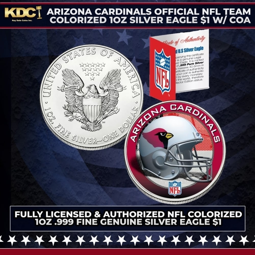 Arizona Cardinals Official NFL Team Colorized 1oz Silver Eagle $1 w/ COA Other Toy: Arizona Cardinals Official NFL Team Colorized 1oz Silver Eagle $1 w/ COA. This is your chance to own a fully licensed & authorized NFL colorized .999 Fine Silver Eagle $1 coin, beautifully enhanced wi
