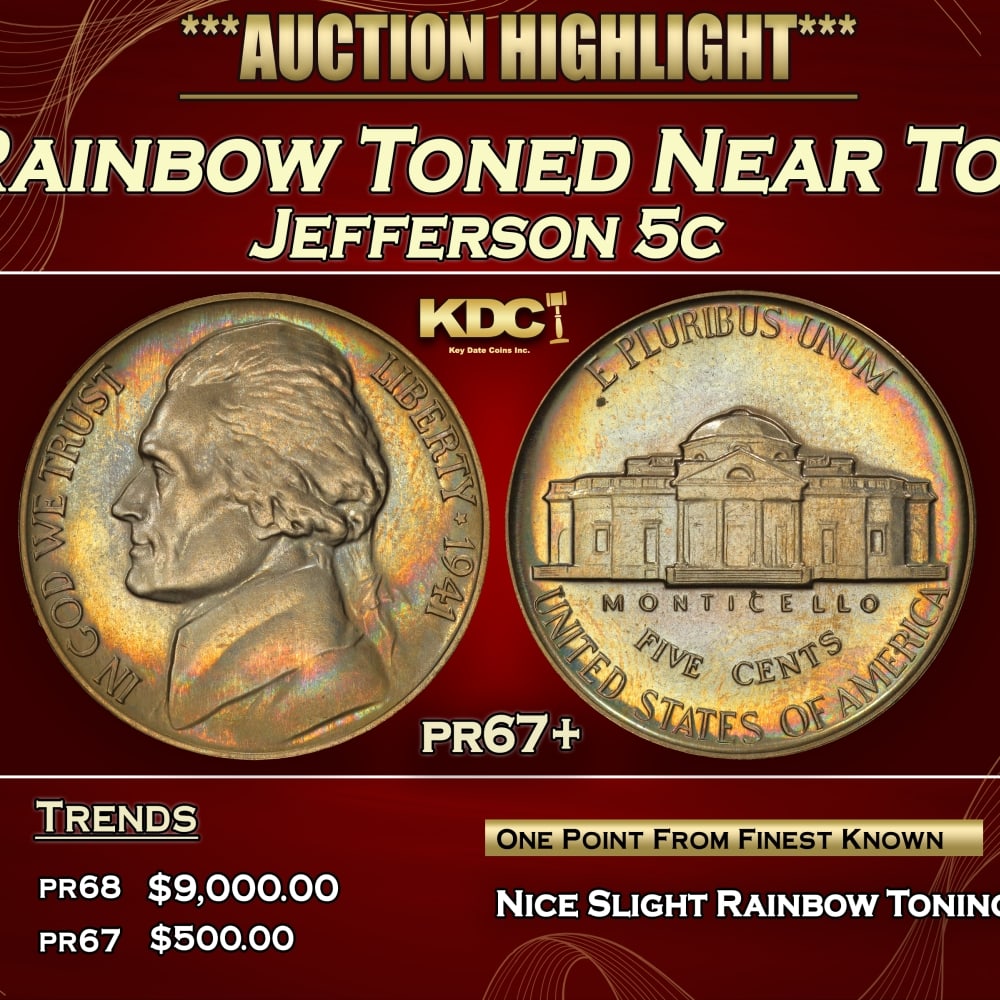 1941 Proof Jefferson Nickel Rainbow Toned Near Top Pop 5c pr67+ SEGS: 1941 Rainbow Toned Near Top Pop Jefferson Nickel 5c pr67+ SEGS. 0