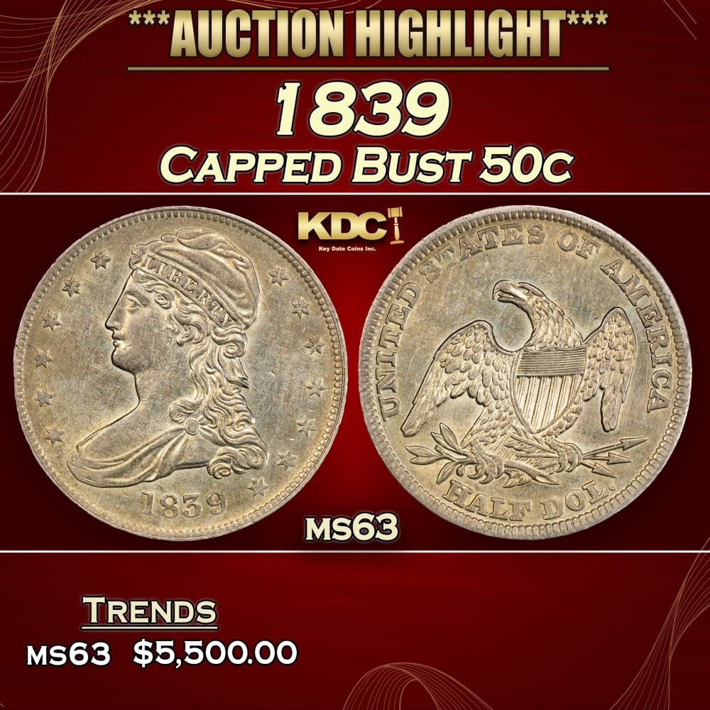 1839 Capped Bust Half Dollar 50c ms63 USCG: 1839 Capped Bust Half Dollar 50c ms63 USCG. 0