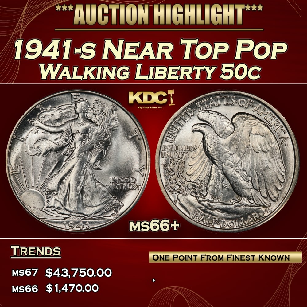 1941-s Walking Liberty Half Dollar Near Top Pop 50c ms66+ SEGS: 1941-s Near Top Pop Walking Liberty Half Dollar 50c ms66+ SEGS.