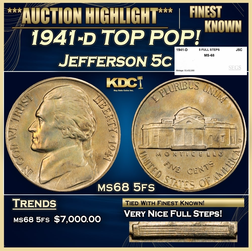 1941-d Jefferson Nickel TOP POP! 5c ms68 5fs SEGS: 1941-d TOP POP! Jefferson Nickel 5c ms68 5fs SEGS. 0