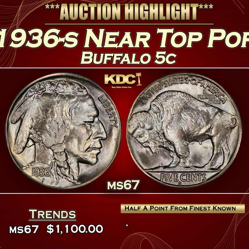 1936-s Buffalo Nickel Near Top Pop 5c ms67 SEGS: 1936-s Near Top Pop Buffalo Nickel 5c ms67 SEGS.