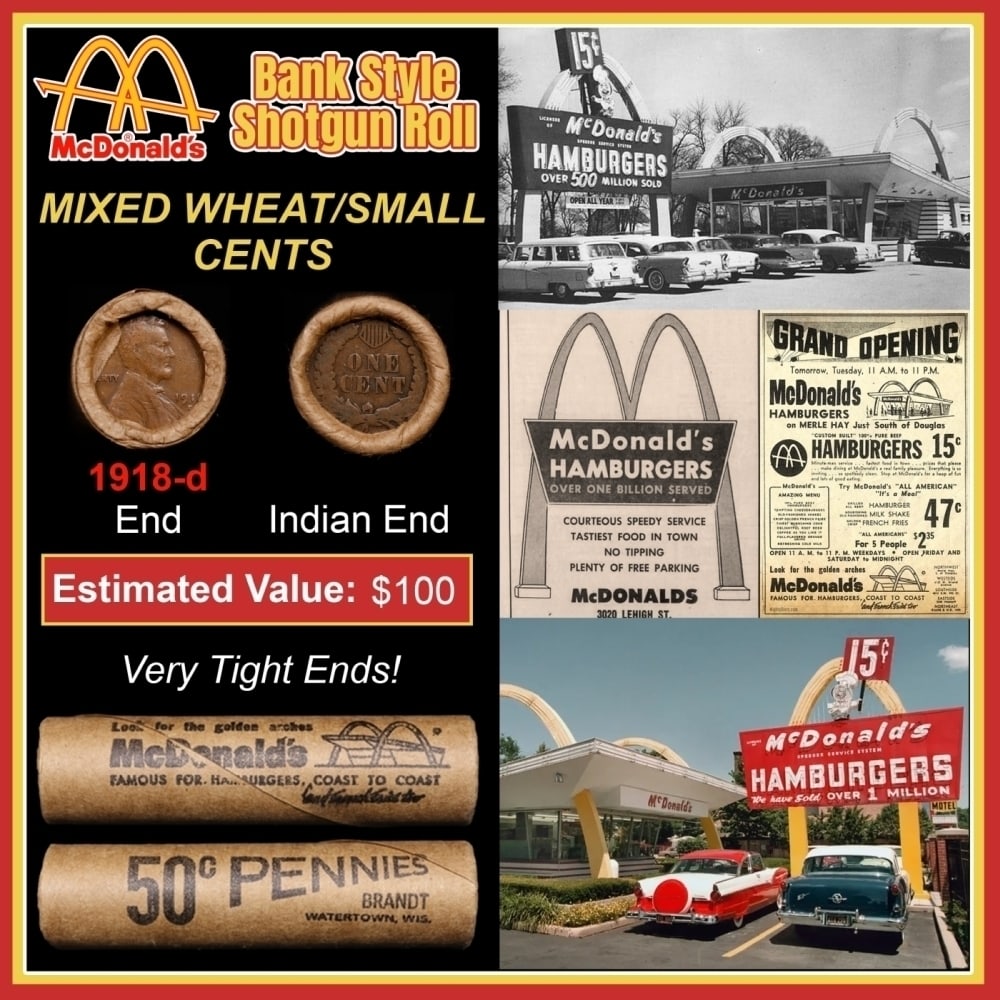 Lincoln Wheat Cent 1c Mixed Roll Orig Brandt McDonalds Wrapper, 1918-d end, Indian other end: Lincoln Wheat Cent 1c Mixed Roll Orig Brandt McDonalds Wrapper, 1918-d end, Indian other end. Lincoln Wheat Cent 1c mixed original Shotgun Roll. Actual roll pictured is the roll you will get. A great 