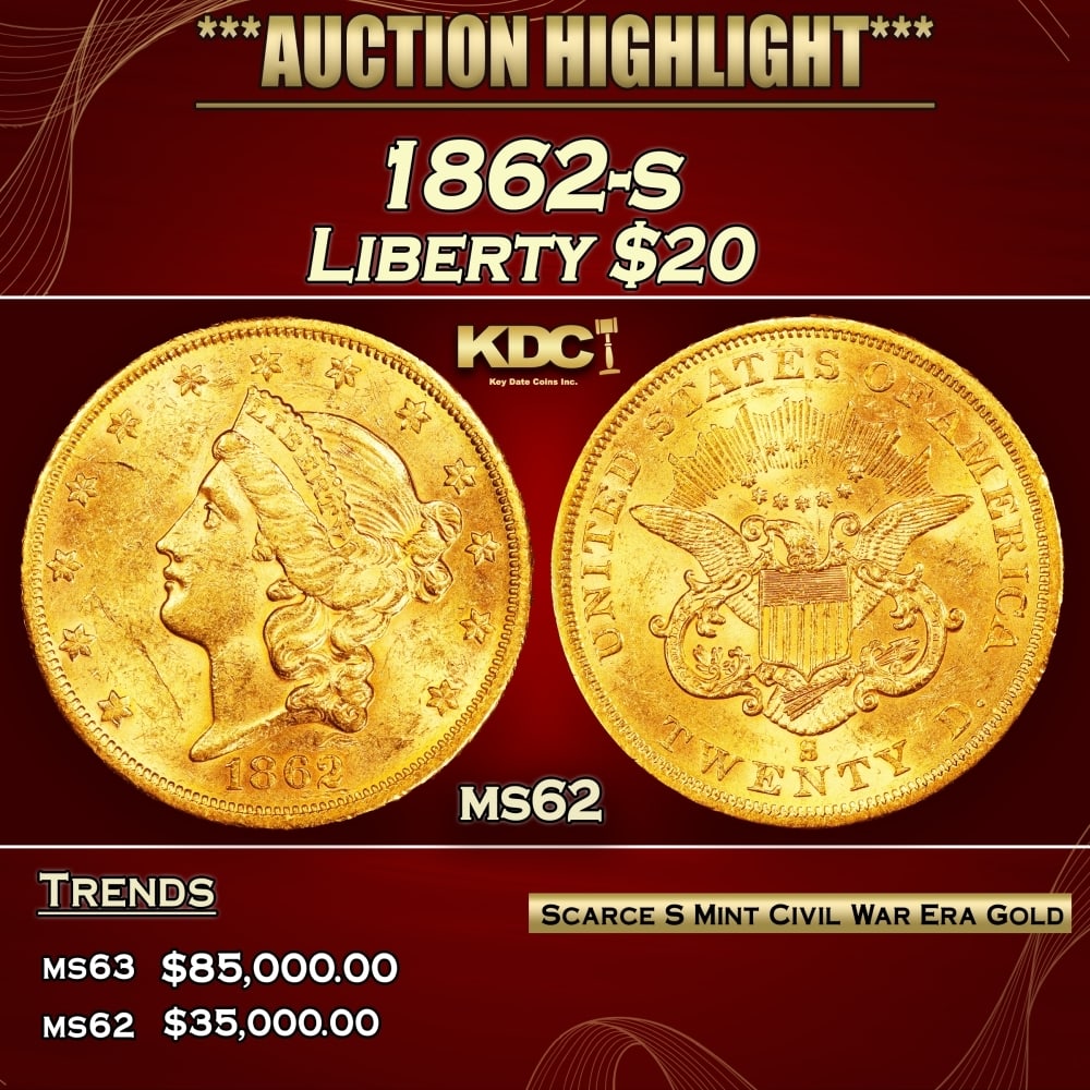 1862-s Gold Liberty Double Eagle $20 ms62 USCG: 1862-s Gold Liberty Double Eagle $20 ms62 USCG. 0