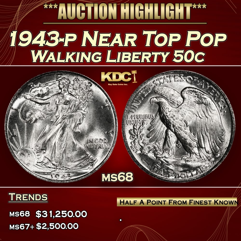 1943-p Walking Liberty Half Dollar Near Top Pop 50c ms68 SEGS: 1943-p Near Top Pop Walking Liberty Half Dollar 50c ms68 SEGS.