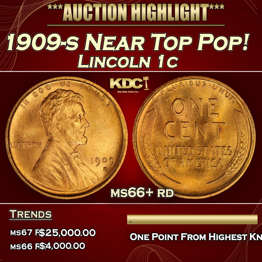 1909-s Lincoln Cent Near Top Pop! 1c ms66+ rd SEGS: 1909-s Near Top Pop! Lincoln Cent 1c ms66+ rd SEGS. 0