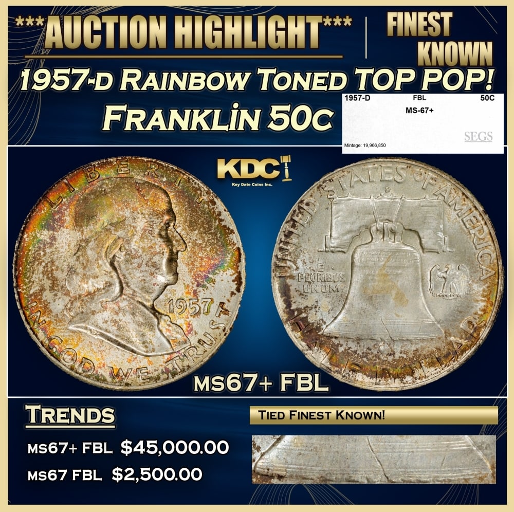 1957-d Franklin Half Dollar Rainbow Toned TOP POP! 50c ms67+ FBL SEGS: 1957-d Rainbow Toned TOP POP! Franklin Half Dollar 50c ms67+ FBL SEGS. 0